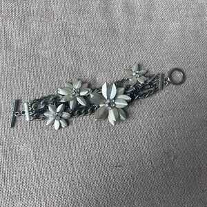 Gold tone metal flower petals art to wear statement bracelet crystal